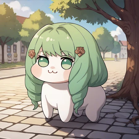 score_9, score_8_up, score_7_up, source_anime, <lora:Doro_X_PDXL_V1:1> doro, creature, chibi, :3, white skin, four legs, <lora:FlaynFE-pdxl:0.95> defFlayn, long hair, drill hair, hairclip, outdoors, cobblestone, tree, solo