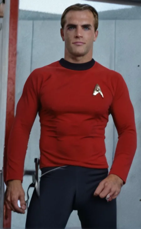 Handsome, masculine, blonde, star trek, red shirt, muscle, tall, tight shirt, tight pants, bulgedleg_pants,