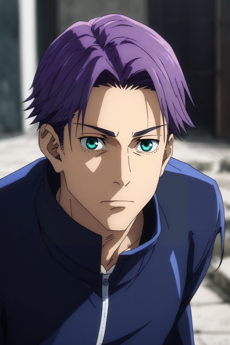 score_9, score_8_up, score_7_up, source_anime, rating_safe, , semi-realistic, looking at viewer, , depth of field, 1boy, male focus, teal eyes, purple hair,, solo, Genetic engineering, <lora:jujutsu_kaisen_style_pony:0.9>, jujutsu_kaisen_style, <lora:sdxl_lightning_8step_lora:1>