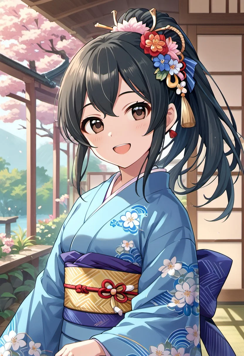 score_9, score_8_up, score_7_up, source_anime, ohishi izumi, long hair, brown eyes, black hair, 1girl, japanese clothes, solo, kimono, hair ornament, hair flower, smile, flower, looking at viewer, ponytail, blue kimono, open mouth