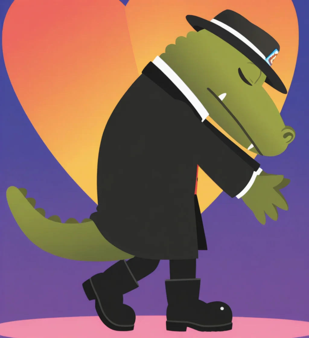 high resolution, best quality, 4k, solo, male, sfw, side view, full body, head down, fedora, hand on fedora, black tuxedo, black slacks, black boots, pose, eyes closed, disco background, <lora:Jet_-_Astroblast_IL:0.9> abjetab, scalie, alligator, green skin, big snout, lineless, fangs, symbol on hat, 3 fingers, tail