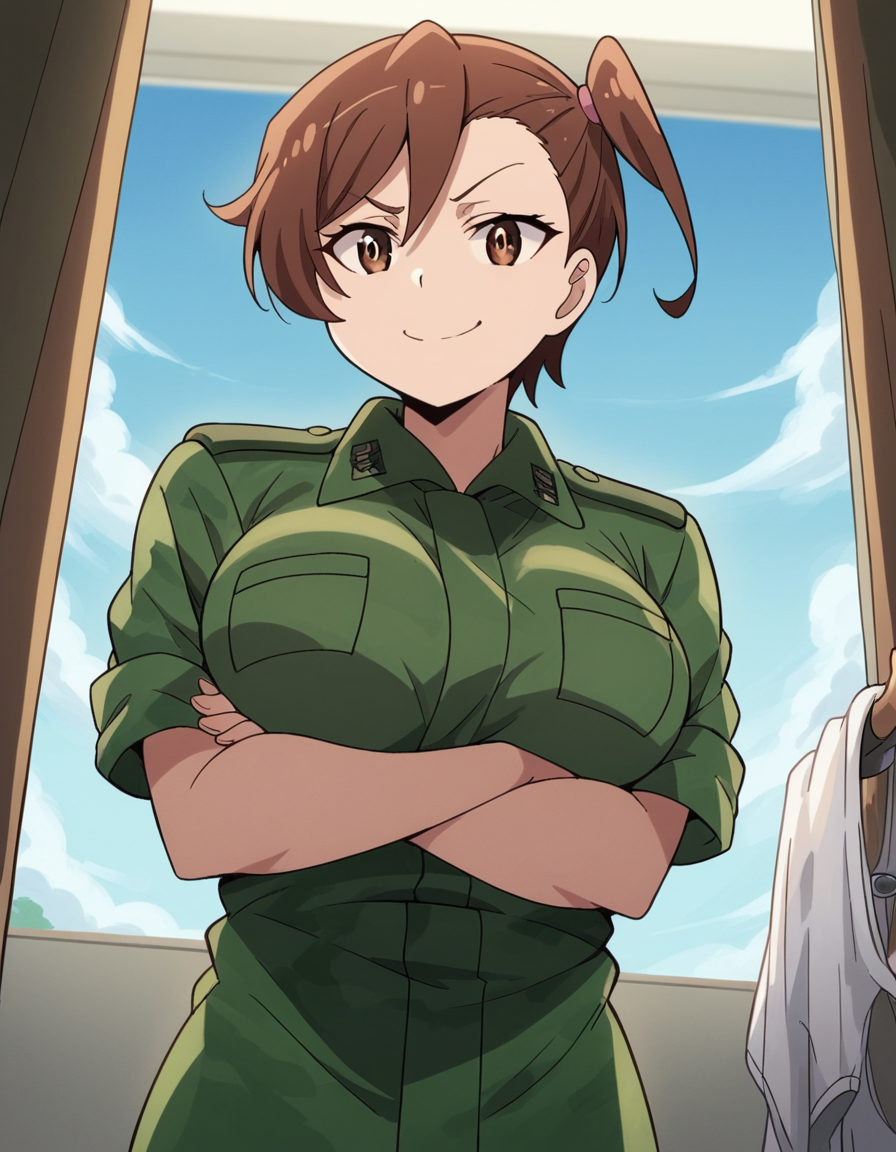 score_9, score_8_up, score_7_up, source_anime, <lora:shino-kuribayashi-s1s2-ponyxl-lora-nochekaiser:1>, shino kuribayashi, short hair, brown hair, brown eyes, side ponytail, large breasts,, uniform, military, military uniform, green uniform,, laundry day, clothesline, drying clothes, domestic life, fresh air, blue sky, , looking at viewer, crossed arms, smug, solo,, cowboy shot, dutch angle