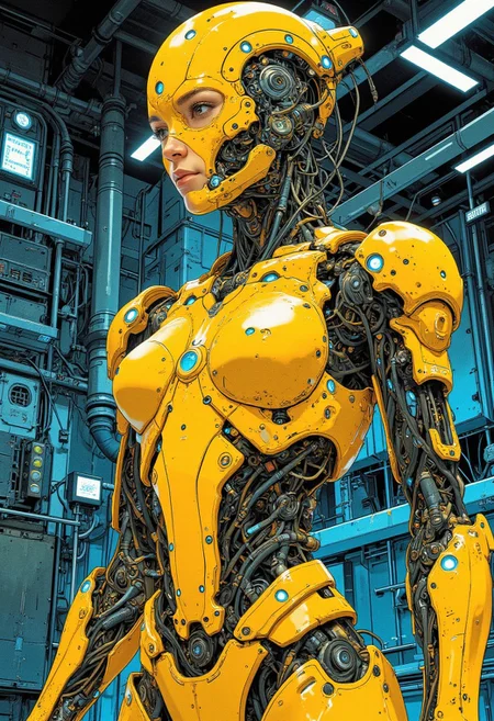 A highly detailed cyberpunk illustration of a female cyborg with a sleek yellow armored body, integrated with wires and mechanical components. The background is a complex industrial setting filled with futuristic machinery, pipes, and glowing panels. The art style emphasizes intricate textures, realistic lighting, and vibrant contrast between the warm tones of the cyborg and the cold, industrial tones of the environment
