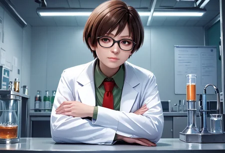 score_9, score_8_up, score_7_up, rebecca-chambers, resident evil, 1girl, glasses, labcoat, necktie, crossed arms, brown hair, short hair, solo focus, realistic, red necktie, solo, laboratory, beaker, potions