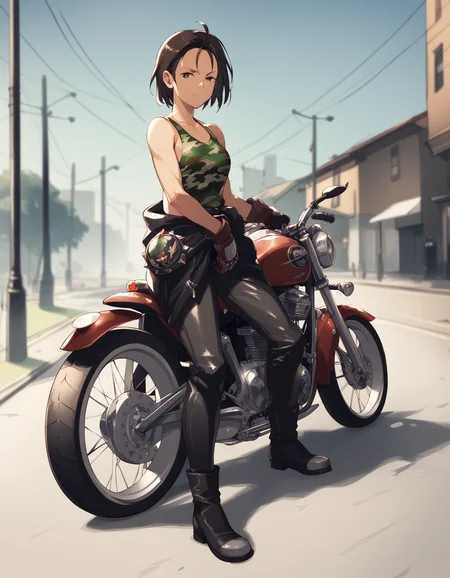 score_9,  score_8_up, score_7_up <lora:kazama-akira-ponyxl-000013:1> rskzm, camouflage tank top, jacket around waist, bare arms, leather pants, gloves,
confident, motorcycle, outdoors
