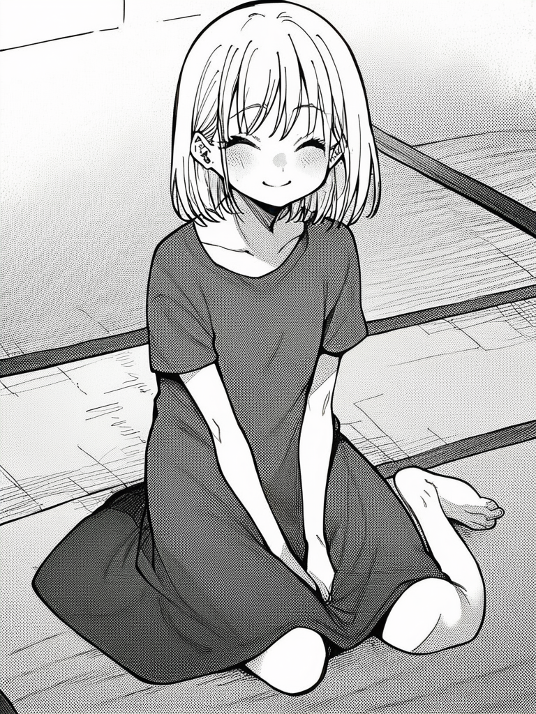 score_9, score_8_up, score_7_up,  
1girl, monochrome, aisu mia , medium hair, white hair, flat chest,


sitting, kneeling, seiza, t-shirt dress, long dress, grey t-shirt, short sleeves, barefoot, smile, closed eyes, looking at viewer, tatami,