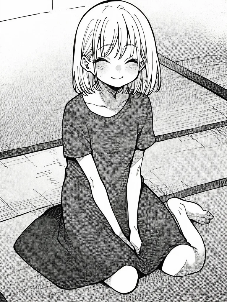 score_9, score_8_up, score_7_up,  
1girl, monochrome, aisu mia , medium hair, white hair, flat chest,


sitting, kneeling, seiza, t-shirt dress, long dress, grey t-shirt, short sleeves, barefoot, smile, closed eyes, looking at viewer, tatami,