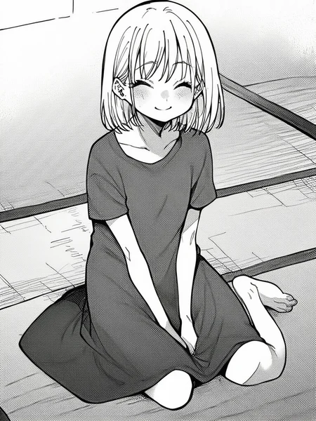 score_9, score_8_up, score_7_up,
1girl, monochrome, aisu mia , medium hair, white hair, flat chest,
sitting, kneeling, seiza, t-shirt dress, long dress, grey t-shirt, short sleeves, barefoot, smile, closed eyes, looking at viewer, tatami,