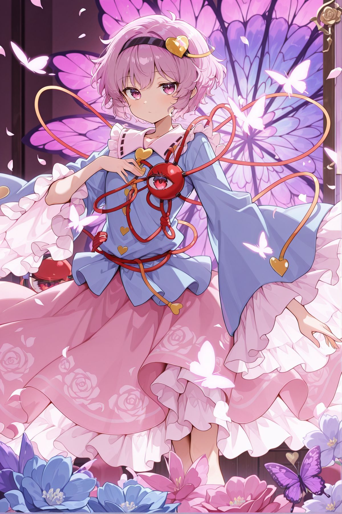 absurdres, highres, masterpiece, best quality, amazing quality, official anime artwork, screencap, anime screencap, looking at viewer, indoors, petals, dynamic pose,  
 <lora:Komeiji-Satori_IllustriousV2:1> komeiji satori, 1girl, solo, pink eyes, pink hair, short hair, third eye,, black hairband, heart hair ornament, blue shirt, long sleeves, frilled sleeves, wide sleeves, heart button, yellow buttons, pink skirt, frilled skirt, petals, butterfly,