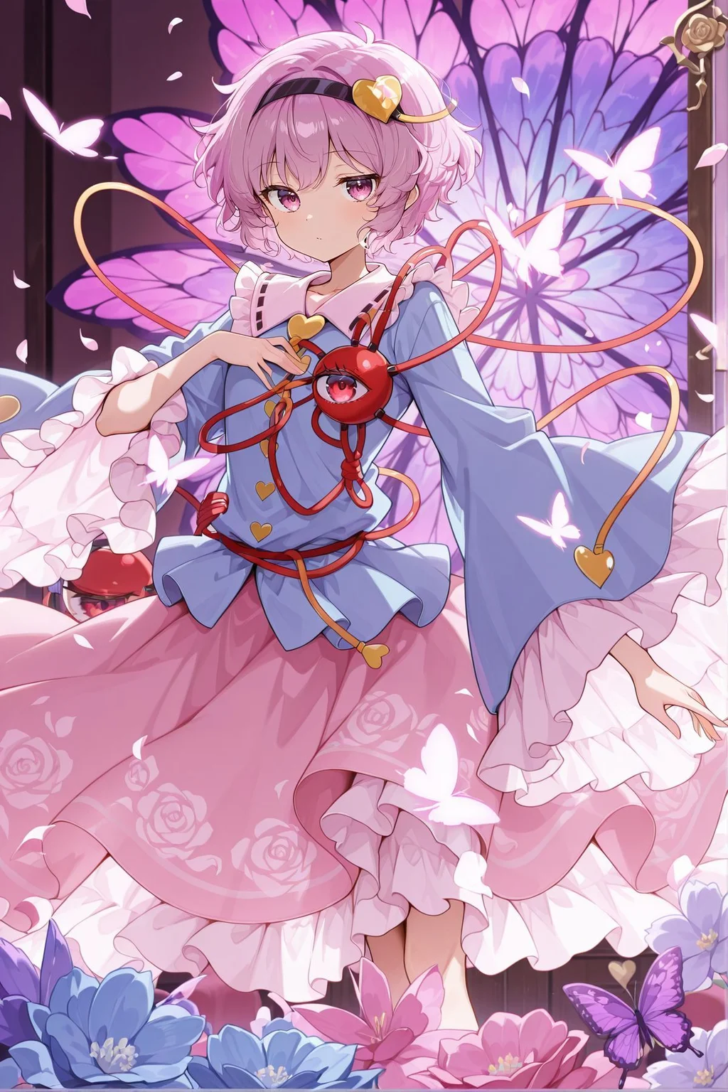 absurdres, highres, masterpiece, best quality, amazing quality, official anime artwork, screencap, anime screencap, looking at viewer, indoors, petals, dynamic pose,
<lora:Komeiji-Satori_IllustriousV2:1> komeiji satori, 1girl, solo, pink eyes, pink hair, short hair, third eye,, black hairband, heart hair ornament, blue shirt, long sleeves, frilled sleeves, wide sleeves, heart button, yellow buttons, pink skirt, frilled skirt, petals, butterfly,