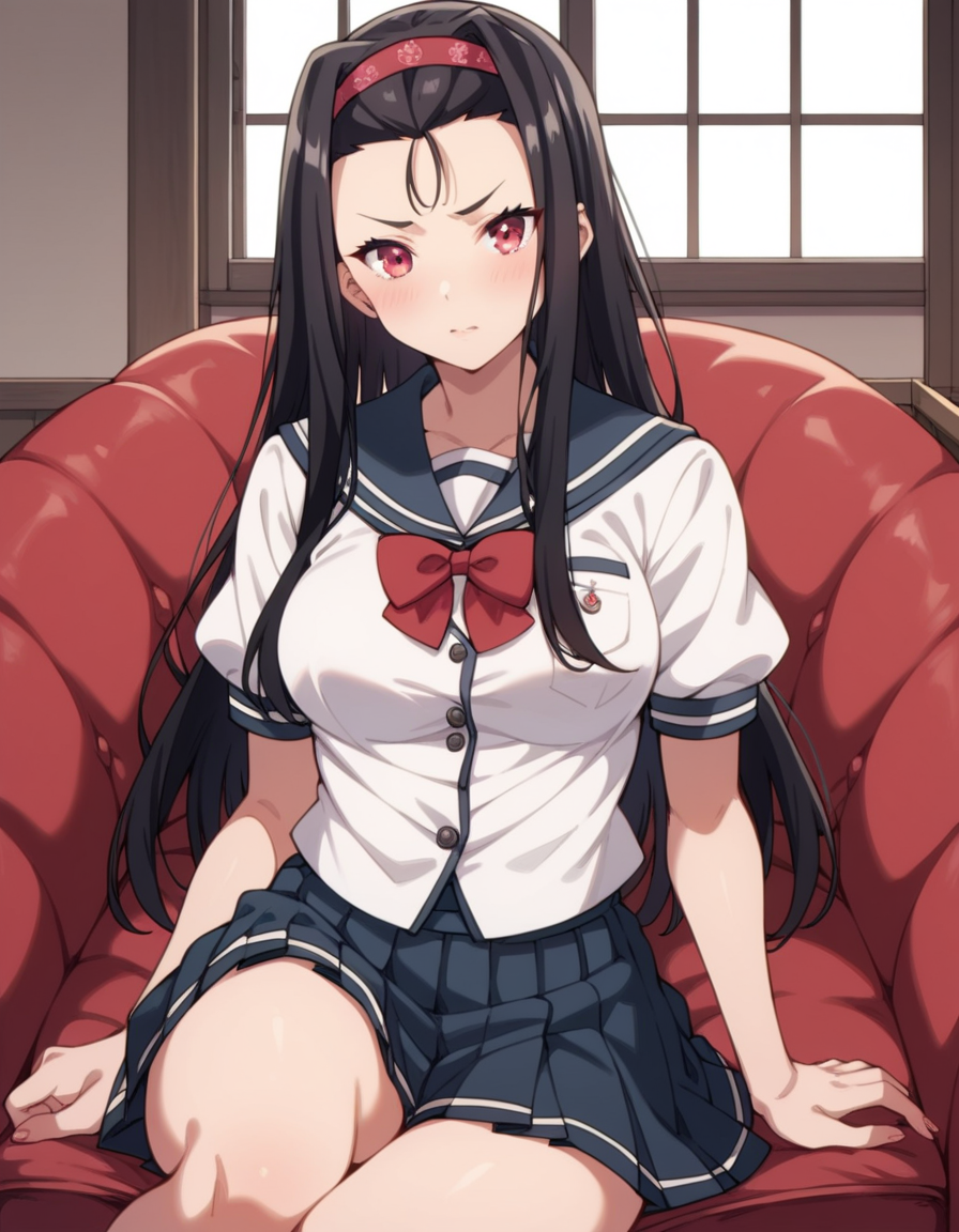score_9, score_8_up, score_7_up, source_anime, uncensored, <lora:StS_detail_slider_v1:3>, zPDXLxxx, <lora:Asaka_Mayama_PONYXL_VexVexX:1>, AsakaMayama, 1girl, red eyes, black hair, long hair, hairband, forehead, medium breasts, school uniform, serafuku, white shirt, pleated skirt, red bowtie, cowboy shot, indoors, from front, Sitting on a beanbag chair with legs bent and feet flat on the floor, leaning to one side with one hand supporting the body and the other hand resting on the knee, thighs, looking at viewer
