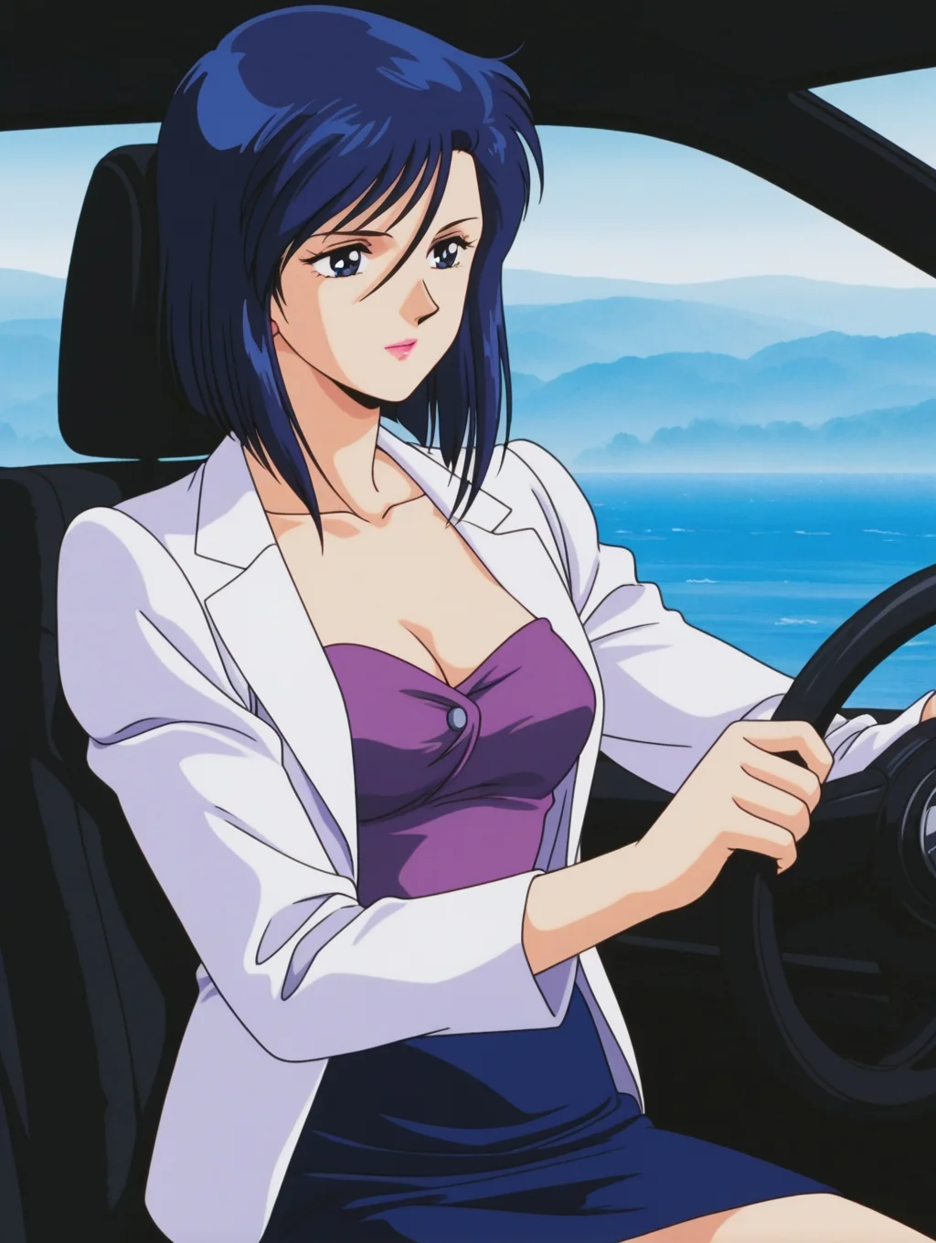 masterpiece, best quality, amazing quality, detailed background, perfect eyes, anime coloring, anime screenshot, 1990s \(style\), 1girl, solo, nogami saeko, blue hair, short hair, blue eyes, medium breasts, lipstick, earrings, white jacket, long sleeves, purple strapless shirt, collarbone, cleavage, blue pencil skirt, side slit, high heels, sitting, (car interior, driving, holding steering wheel)