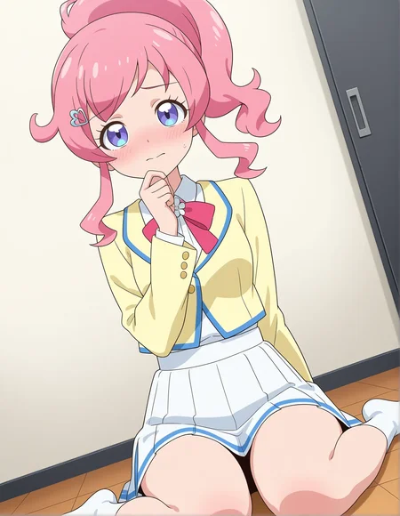 1girl, momoyama mirai, kiratto pri chan,
solo, anime coloring, boredom, sitting, wariza, looking at viewer, cowboy shot, dutch angle, front view, full body, embarrassed, half-closed eyes, pink hair, long hair, high ponytail, swept bangs, sidelocks, hairpin, blue eyes, small breasts, yellow jacket, collared shirt, bowtie, red bow, pleated skirt, white skirt, school uniform, jacket, long sleeves, bow, closed mouth, breasts, furrowed brow, skirt, raised eyebrows, red bowtie, shirt tucked in, hand on own chin, blush, shirt,
best quality, very aesthetic, newest, masterpiece, absurdres, highres, anime screenshot, safe
<lora:il-prichan-mirai1.0:1>