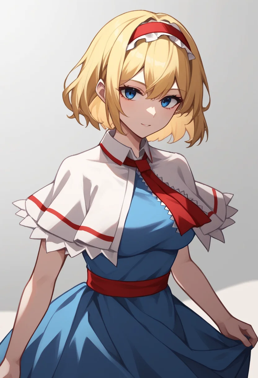 score_9,score_8_up,score_7_up,<lora:touhou_146:1>,alice_margatroid, blonde_hair, 1girl, hairband, blue_eyes, red_hairband, short_hair, dress, frills, capelet, blue_dress, white_capelet, frilled_hairband, breasts
