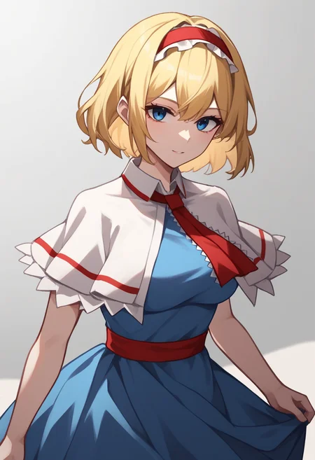 score_9,score_8_up,score_7_up,<lora:touhou_146:1>,alice_margatroid, blonde_hair, 1girl, hairband, blue_eyes, red_hairband, short_hair, dress, frills, capelet, blue_dress, white_capelet, frilled_hairband, breasts