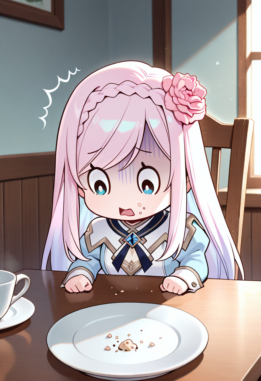 masterpiece, best quality,
SSJelly, solo, chibi,o_o,pink hair ornament,black pupils,looking down,scared, shocked girl, (plate with crumbs:1.3), (sitting at table:1.1), (indoors:1.0), (morning light:0.8), (clean dishes:0.8), (cup on table:0.9), (wooden chair:0.9),