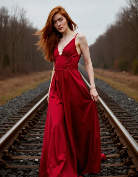 A blazing redhead supermodel stands on an active railway track, her crimson silk gown pooling at her feet as the distant glow of an oncoming train approaches. The wind rushes against her, sending shivers through her exposed skin. She locks eyes with the camera, her gaze dripping with defiance and raw eroticism. Itâs a high-stakes moment of beauty and dangerâthe sound of steel against steel, the scent of adrenaline in the air, and the undeniable presence of a woman who refuses to move <lora:jialissa64:0.9>