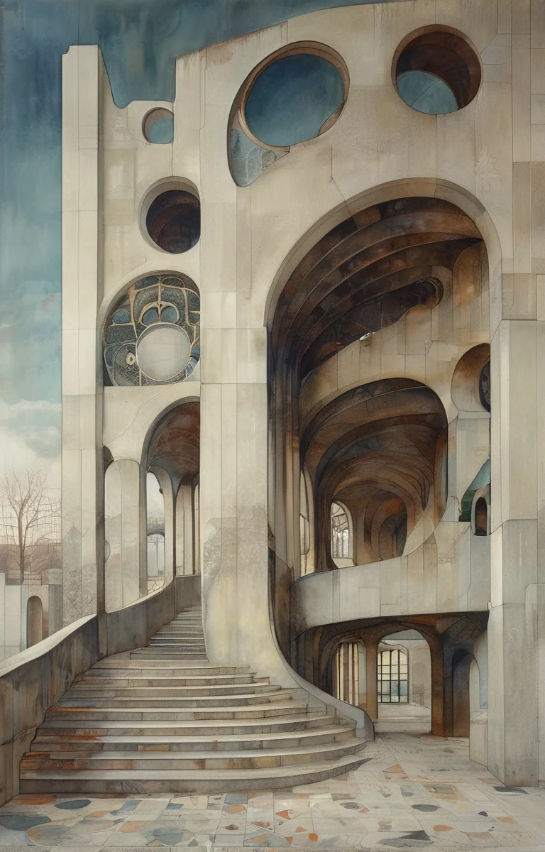 masterpiece,best quality,<lora:tbh309-sdxl:0.9>,illustration,designed by Victor Horta, Brutalist concrete university campus with geometric shapes and exposed materials