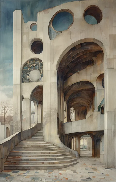 masterpiece,best quality,<lora:tbh309-sdxl:0.9>,illustration,designed by Victor Horta, Brutalist concrete university campus with geometric shapes and exposed materials