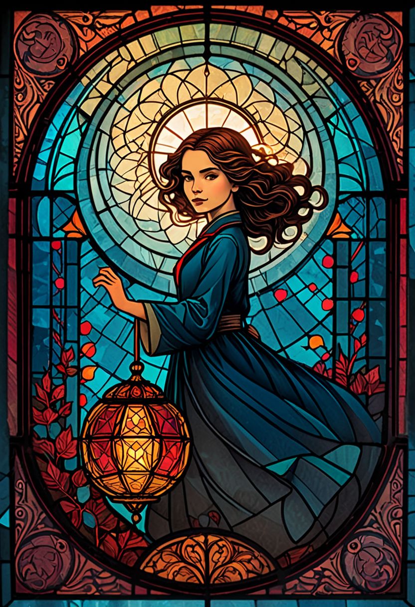 Hermione Granger (rubber stamp/postage stamp/woodblock print optical illusion holography  lines art illustration figures  fairytale double exposure. two parts in one art.  , fantasy, fairytale, silhouetted  modern dynamic poster, rich deep colors  comic style art on a cracked paper , fantasy,  close up filigree gracious  transparent  music, notes, music in the air,  silhouette close macro portrait, ,  night.  , dynamic pose, light on face, shadow play, perfect face, sharp  glowing eyes, by  James Jean, Craola, ,  Andy Kehoe, Dorian Vallejo,, Damian Lechoszest, Todd Lockwood, patchwork, stained glass,  storybook illustration, highly detailed unusual  beautiful details, intricated, intricated pose, tiny details masterpiece, high quality, intricated lighting, luminism, attention grabbing colors (masterclass) (female)