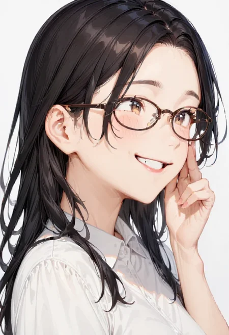 masterpiece, best quality, very aesthetic, absurdres,
1girl, solo, black hair, long hair,
oval_cell, glasses, brown-framed eyewear,
collared shirt, happy, smile, looking at another, adjusting eyewear, white background, simple background,
<lora:oval_glasses_cell-frame2_SDXL_V1:1>
