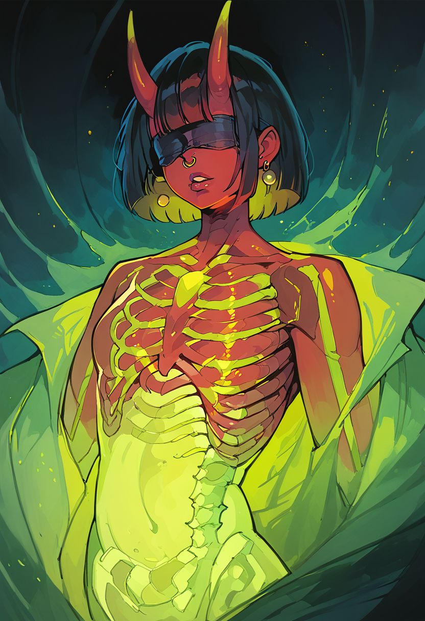 score_9, score_8_up, score_7_up, score_6_up, 1girl, solo, demon girl, (blindfolded, black blindfold), red skin, huge red oni horns, red tail, (long straight hair, black hair, bangs), skinny, medium breasts, blind, parted lips, plump lips, nose ring, earrings, traditional media, glowing green skeleton,