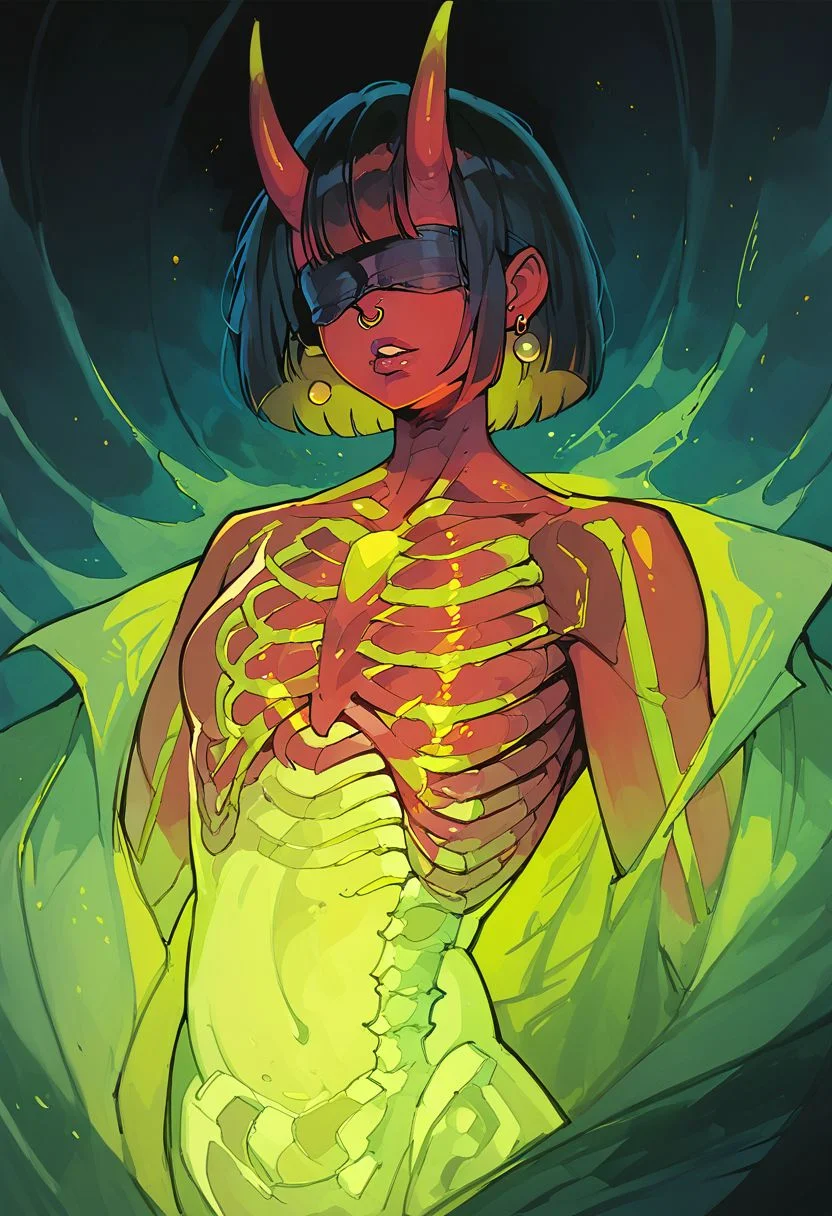 score_9, score_8_up, score_7_up, score_6_up, 1girl, solo, demon girl, (blindfolded, black blindfold), red skin, huge red oni horns, red tail, (long straight hair, black hair, bangs), skinny, medium breasts, blind, parted lips, plump lips, nose ring, earrings, traditional media, glowing green skeleton,