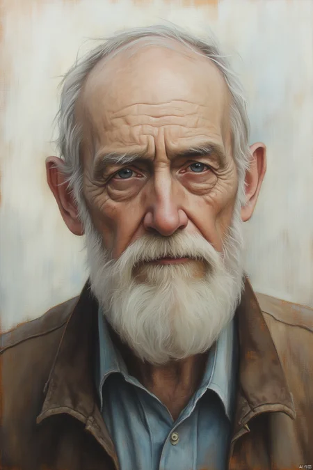 OBxiaoxiang,
This is a hyperrealistic oil painting of an elderly man with a deeply expressive face. The subject is depicted in a close-up, full-face portrait, with meticulous attention to detail. The man has a wrinkled, weathered complexion with a mix of light and dark tones, highlighting the texture and age of his skin. His hair is thinning, with a few strands of white hair visible on the crown of his head, and a thick, white beard and mustache that cover his chin and upper lip, respectively. His eyes are piercing blue, framed by dark circles and wrinkles, giving him a wise and contemplative look. 
The man is dressed in a simple, worn-out brown jacket with a collar, over a light blue button-up shirt. The background is a soft, blended mix of muted colors, including shades of beige, light blue, and white, which helps to emphasize the subject without distracting from his face. The painting style is highly realistic, capturing the subtle nuances of light and shadow, and the artist's skillful use of brushstrokes and blending techniques creates a lifelike texture. The overall mood of the painting is introspective and thoughtful, reflecting the deep, aged wisdom of the man portrayed.