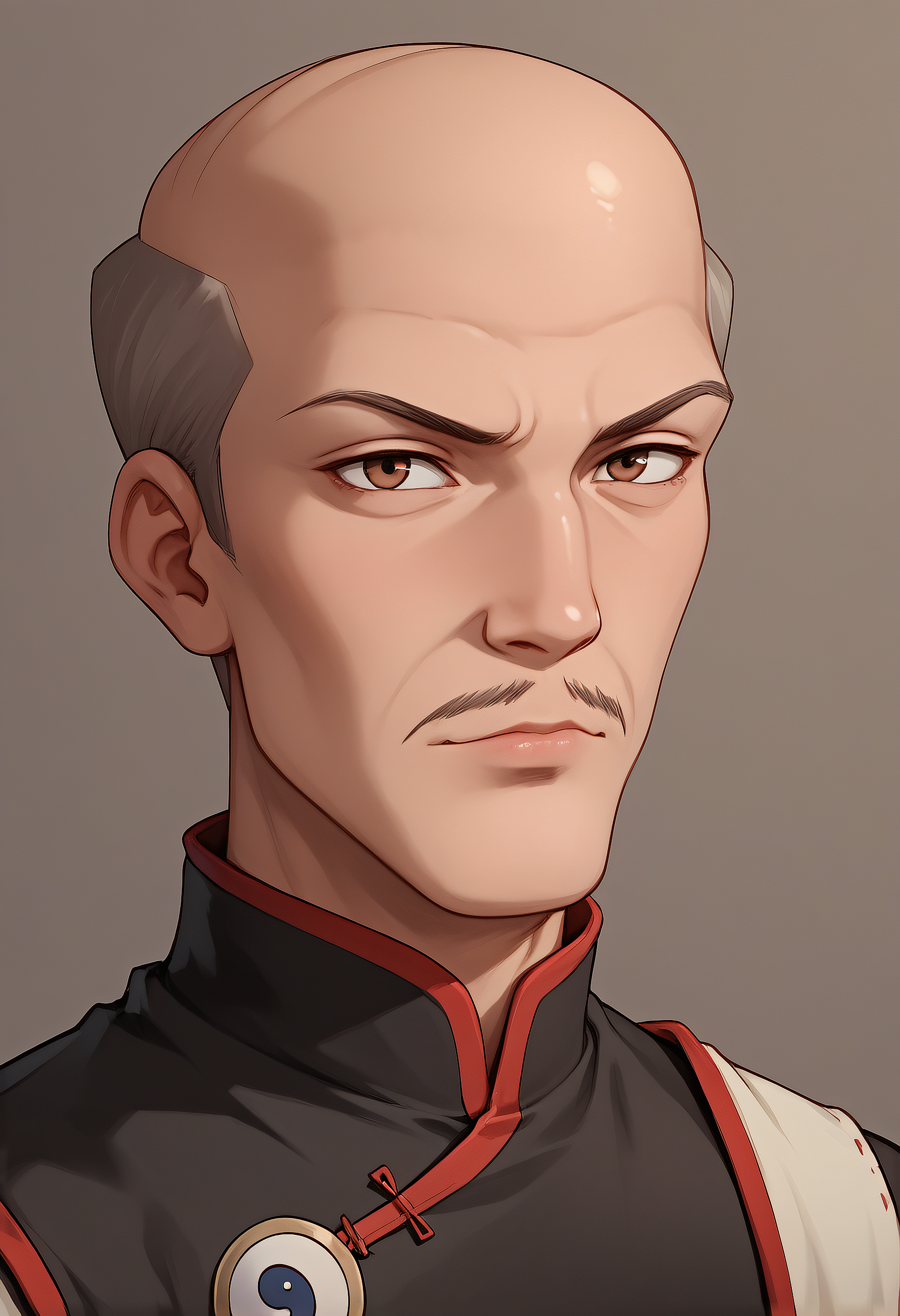 embedding:Pony\Positive\zPDXL3, score_9, score_8_up, score_7_up, 1boy, jerry_ts!, bald, grey hair, brown eyes, slim, mustache, facial hair, feng shui clothes, yin yang symbol, best quality, high resolution, masterpiece.