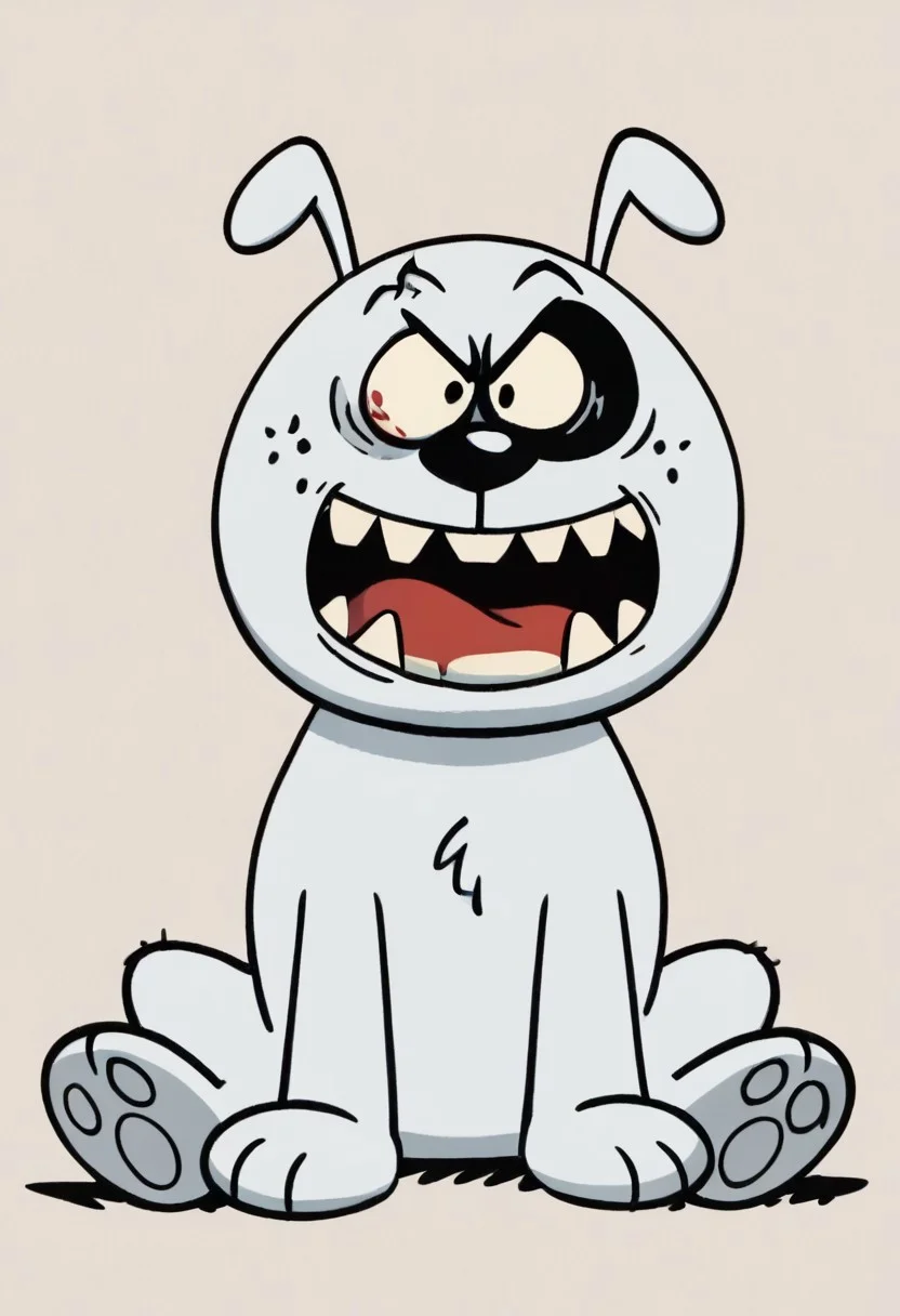 (score_9 | score_8_up | score_7_up) ((masterpiece:1))(best quality,very high quality,ultra detailed:1.2) (2D,cartoon style,anime style)(Smooth:2)(clean blurring) (four fingers on each hand,one thumb on each hand:1), solo, charles, dog, black spot on left eye, white, paw, dog paws, runaway brain, monstrous look, angry face, exagerated features, intense eyes, aggressie expression, hunched, menacing, sharp teeth, hunched over, full body