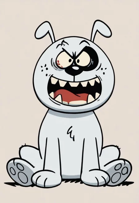 (score_9 | score_8_up | score_7_up) ((masterpiece:1))(best quality,very high quality,ultra detailed:1.2) (2D,cartoon style,anime style)(Smooth:2)(clean blurring) (four fingers on each hand,one thumb on each hand:1), solo, charles, dog, black spot on left eye, white, paw, dog paws, runaway brain, monstrous look, angry face, exagerated features, intense eyes, aggressie expression, hunched, menacing, sharp teeth, hunched over, full body