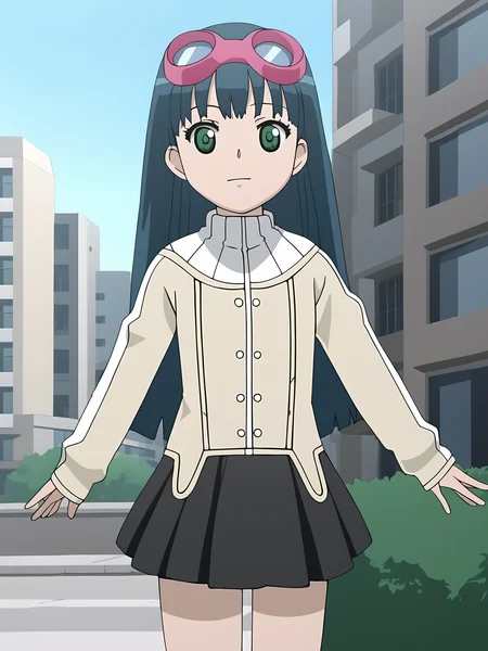 score_9, source_anime BREAK, oldest, anime screencap, outdoors, day, city, <lora:KashaMaverick(Pony)-11:1>KashaMaverick, 1girl, solo, long hair, blue hair, goggles, goggles on head, pink goggles, sweater, multicolored sweater, turtleneck sweater, buttons, white buttons, miniskirt, black skirt, pleated skirt,