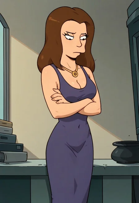 Score_9_up, score_8_up, score_7_up, BREAK, high quality, Expressiveh, 1girl, solo, michellefu, brown hair, purple dress, necklace, cleavage, arms crossed, dining room