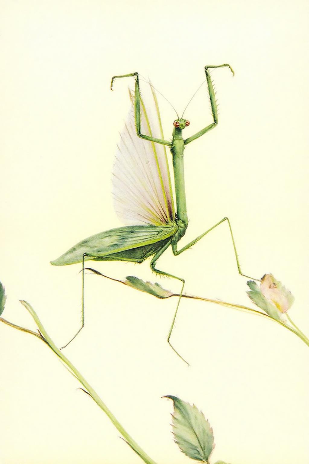 detmo1d watercolor painting.
This is a highly detailed, realistic drawing of a praying mantis, rendered in a watercolor technique. The mantis is depicted in a dynamic pose, with its forelegs raised as if in prayer, giving it its namesake. The insect's body is a vibrant green with subtle gradations, blending from a darker green on its body to a lighter, almost yellowish green on its wings. <lora:detmold1_cap_d6a3e13:1.0><lora:831796446664612414:0>