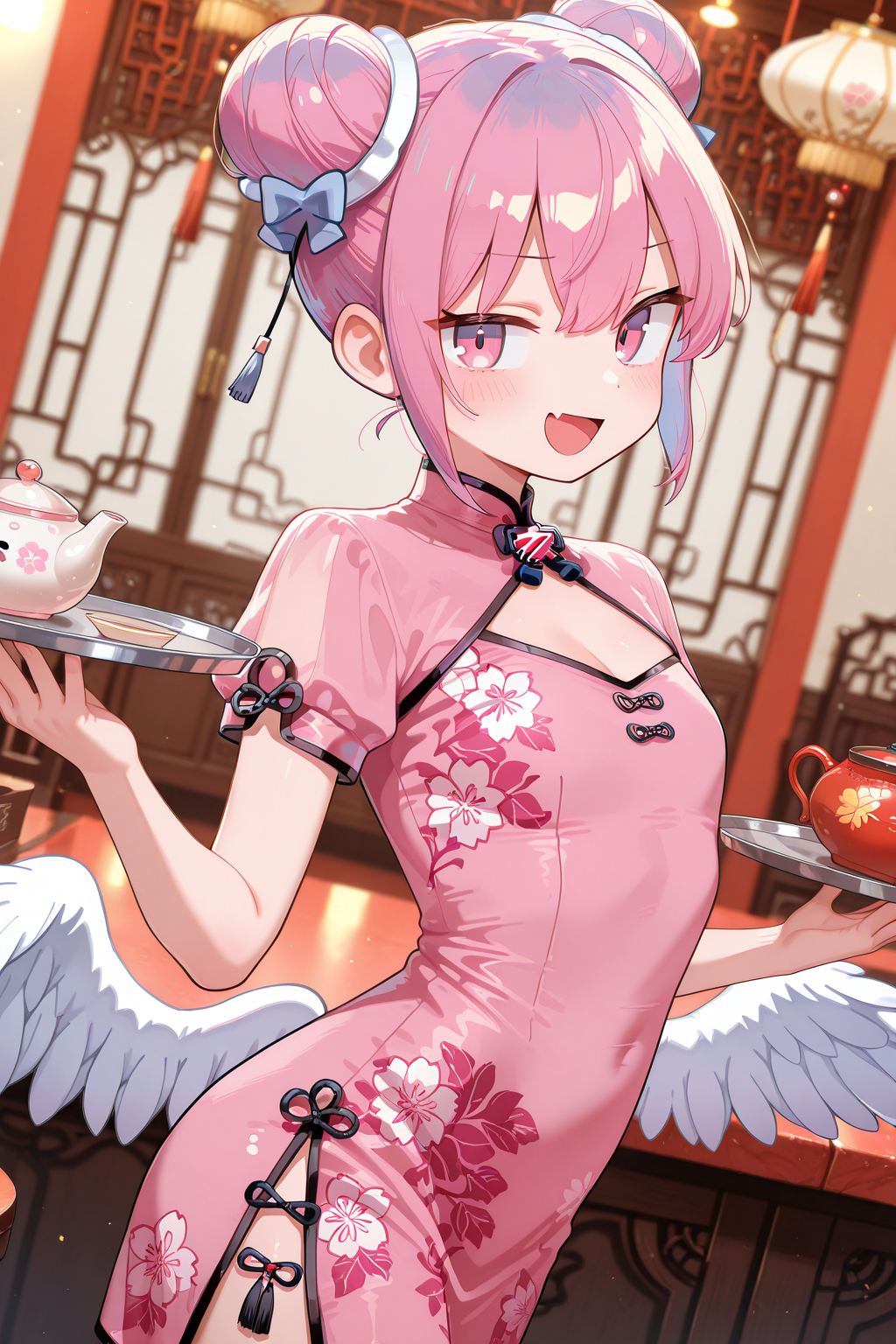 1girl,
DadadadaTenshiMusicVideo, Royal_Girly_China_Dress,
solo, dutch angle, half body,
waitress,
dress, short sleeves, pink dress, chinese clothes, floral print, china dress, clothing cutout, white puffy sleeves,
cleavage cutout, see-through,
pose, looking at viewer, \:D, skin fang, holding tray,
chinese,
depth of field,
<lora:kp_DadadadaTenshiMusicVideoIllustrious_v1_0:1.0>,
<lora:Royal_Girly_China_Dress-10:0.8>,
masterpiece, best quality, amazing quality