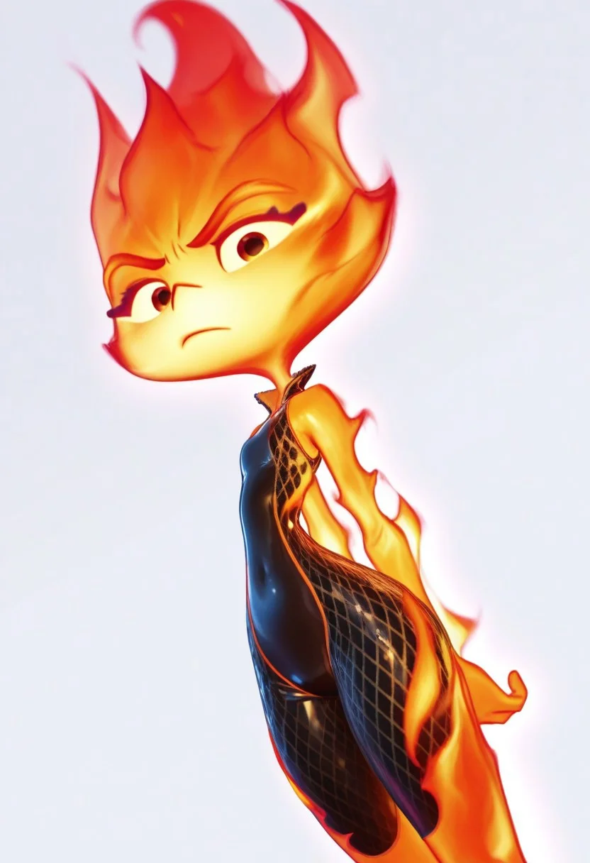 solo, 3mb3r_lum3n, fire, looking at viewer, bodysuit, blank background, hands on back, annoyed, dutch angle, tilted angle, from below