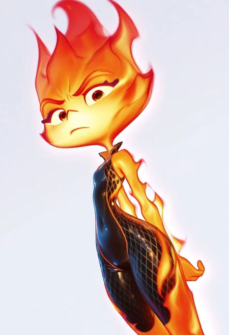 solo, 3mb3r_lum3n, fire, looking at viewer, bodysuit, blank background, hands on back, annoyed, dutch angle, tilted angle, from below