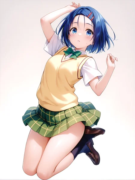 masterpiece,best quality,newest,
1girl,solo,
<lora:s_haruna_ilxl_v1.2:1>,h_clip,blue hair,blue eyes,h_clothes,green bowtie,short sleeve blouse,yellow vest,green plaid skirt,black socks,loafers,
<lora:Fixhands_anime_bdsqlsz_V1:1>,light_blush,cinematic_angle,looking_at_viewer,jumping,full body,parted lips,sweatdrop,white_background,simple_background,dynamic_angle,