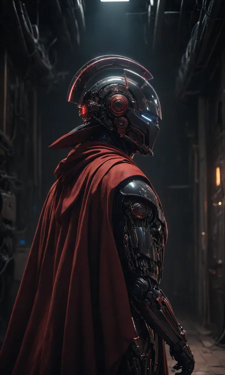 The most amazing dream you ever had about an elegant man with a red cape, hyper realistic, ambient lighting, concept art, intricate, hyper detailed, smooth, dynamic volumetric lighting, octane, cinematic, high contrast, neon colors, raytrace, mri machine robot helmet, Artstation, Greg Rutkowski, 8k. Extremely beautiful image. "ne <lora:Fast:0.69>