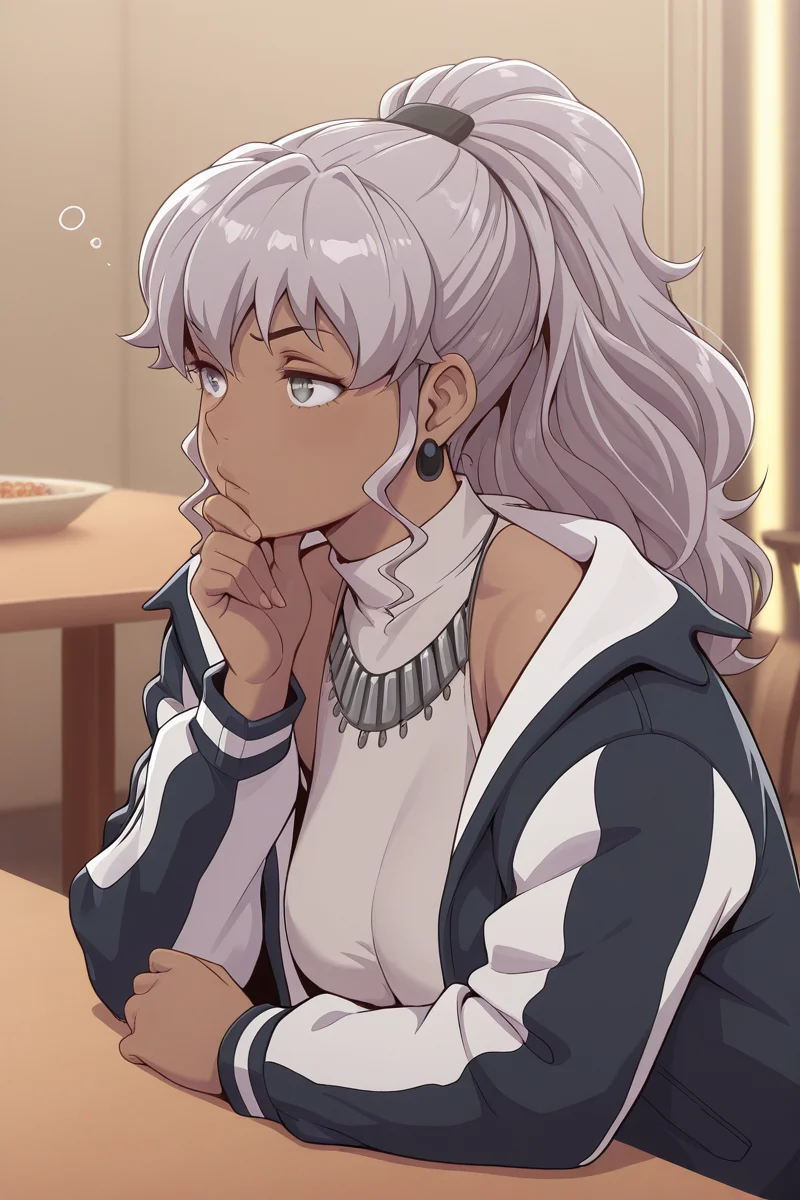 masterpiece, best quality, amazing quality,
<lora:Naomi_IL:1> naomi, jewelry, earrings, long hair, 1girl, grey eyes, thinking, ponytail, jacket, table, necklace, hand on own chin, dark skin, solo, standart outfit