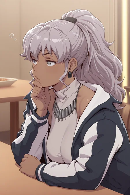 masterpiece, best quality, amazing quality,
<lora:Naomi_IL:1> naomi, jewelry, earrings, long hair, 1girl, grey eyes, thinking, ponytail, jacket, table, necklace, hand on own chin, dark skin, solo, standart outfit