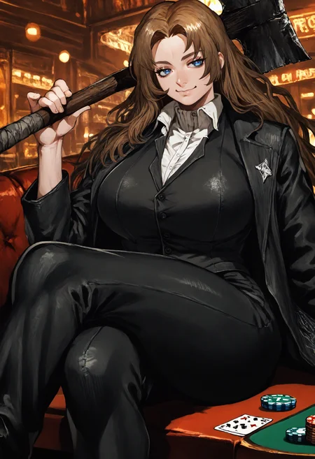 score_9, score_8_up, score_7_up BREAK 1girl, solo, RodionLimbus, long hair, brown hair, blue eyes, toned, huge breasts, RodionSinner, white shirt, black footwear, black pants, black coat, black vest, axe, sitting, crossed legs, casino, smug, smile <lora:Rodion_Limbus_Company:0.9> <lora:ibuo_pd:1>