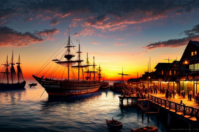 (masterpiece:1.2), (best quality,:1.2), 8k, HDR, ultra detailed, ((photorealistic)), perfect anatomy, professional light, cinematic lighting, fashion photography, ambient lighting, pire, ships, pier outside a tavern over looking a busy harbor in the caribbean, colorful sunset