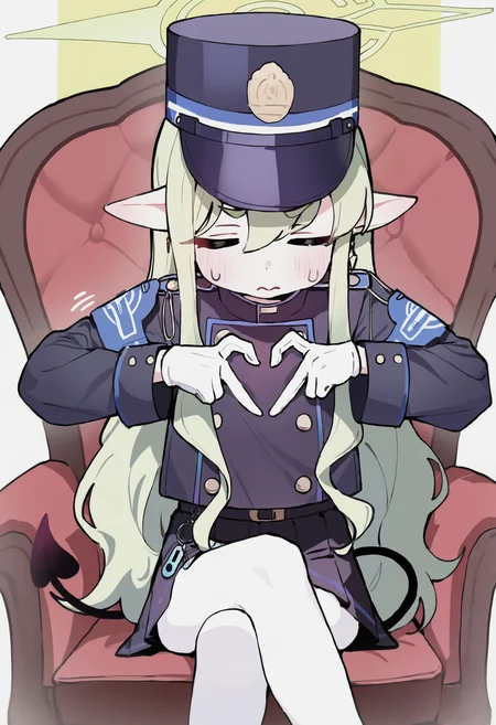 masterpiece, absurdres, newest, very awa, 1girl, solo, hikari \(blue archive\), green hair, long hair, hair between eyes, green halo, peaked cap, black hat, black jacket, black tail, demon tail, closed mouth, closed eyes, pleated skirt, miniskirt, white pantyhose, tareme, neutral expression, sitting on chair, crossed legs, facing down, two-tone background, 4-finger heart hands, <lora:spo_sdxl_10ep_4k-data_lora_webui>, <lora:TA_trained:0.35>, <lora:NOOB_EPSv1_1_detailer_by_vlnvk_v0_5>, <lora:Loffo_style:0.8>
