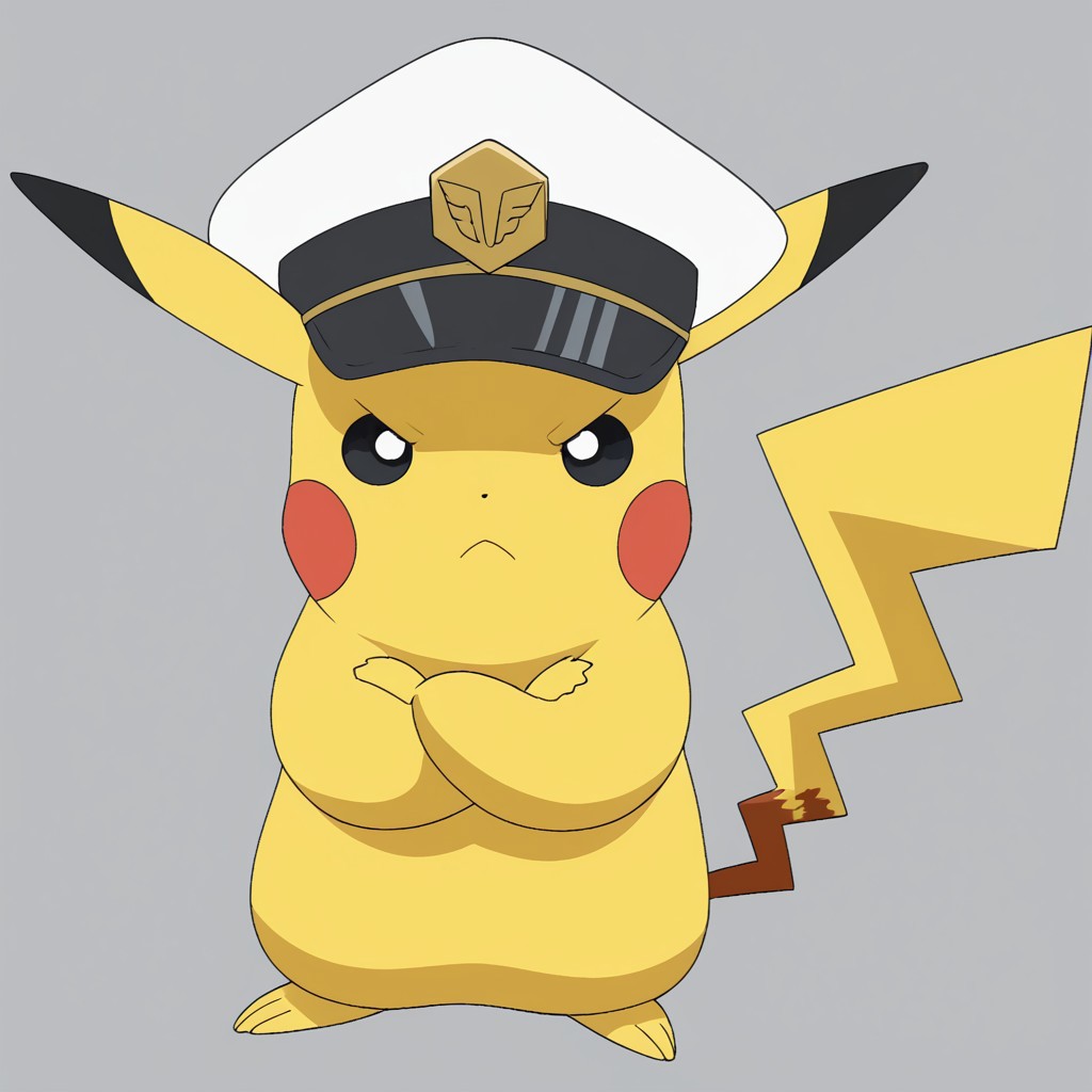 hat, pokemon(creature), no humans, peaked cap, solo, clothed pokemon, black eyes, cosplay, full body, military hat, white headwear, chibi, fat, closed mouth, frown, crossed arms, looking at viewer, Facing forward, simple background, high quality