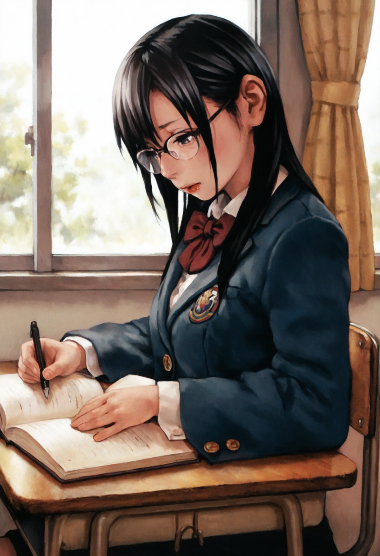masterpiece, best quality, amazing quality, takaimai, 

upper body, from side, 

1girl, solo, black hair, long hair, swept bangs, small breasts, hair behind ear, 

school uniform, red bowtie, blazer, glasses, lipgloss, 

sitting, on chair, looking down, studying, 

indoors, classroom, window, curtains, school desk, school chair, 