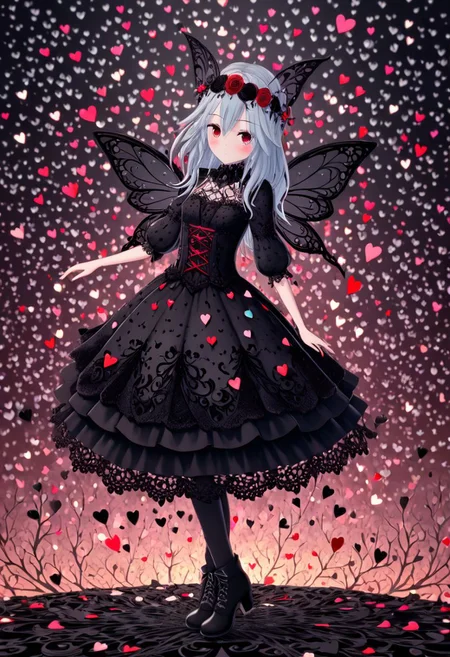 beautiful hyper detailed whimsical, beautiful dark fairy, shadow woman, black lace dress, black boots, dark Whimsical, Detailed Fantasy, black lace Background pattern with tiny 3d red and pink hearts, Glitter, Muted Colors, Explosion, Intricate Extremely Detailed, Hyperdetailed