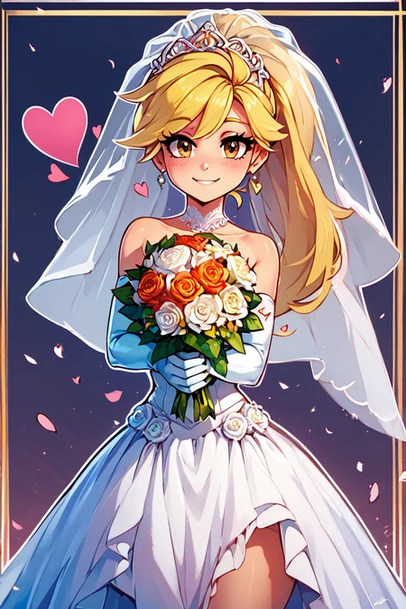 score_9, score_8_up, score_8, medium breasts, (curvy), cute, eyelashes, BREAK, , zzYellow, brown eyes, blonde hair, long hair, ponytail, bangs, <lora:Yellow_Pokemon_PDXL_v2:0.8>, , BREAK, smile, looking at viewer, bride, wedding dress, bridal veil, strapless dress, elbow gloves, holding bouquet, hearts, white outline, cowboy shot, embedding:zPDXL, Expressiveh, <lora:CatalystStylePDXL:0.6>, <lora:SDXLFaeTastic2400:0.5>, <lora:Expressive_H-000001:0.4>,