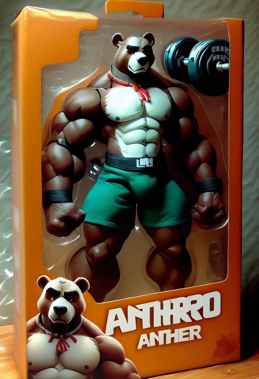 score_9, score_8_up, score_8, toy packaging, action figure, 1boy, solo, anthro bear male, bara, muscular, gym