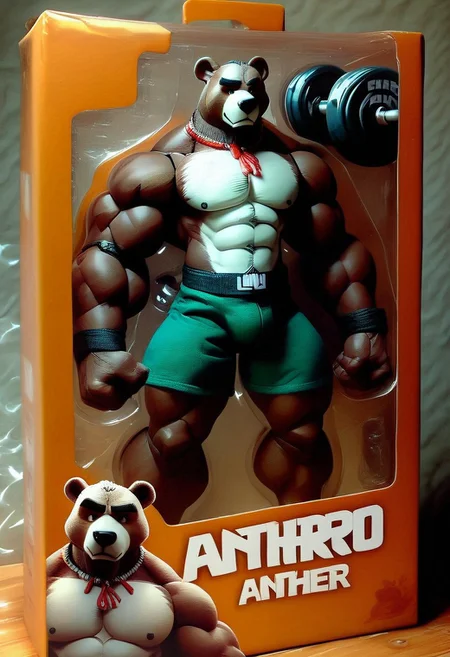 score_9, score_8_up, score_8, toy packaging, action figure, 1boy, solo, anthro bear male, bara, muscular, gym